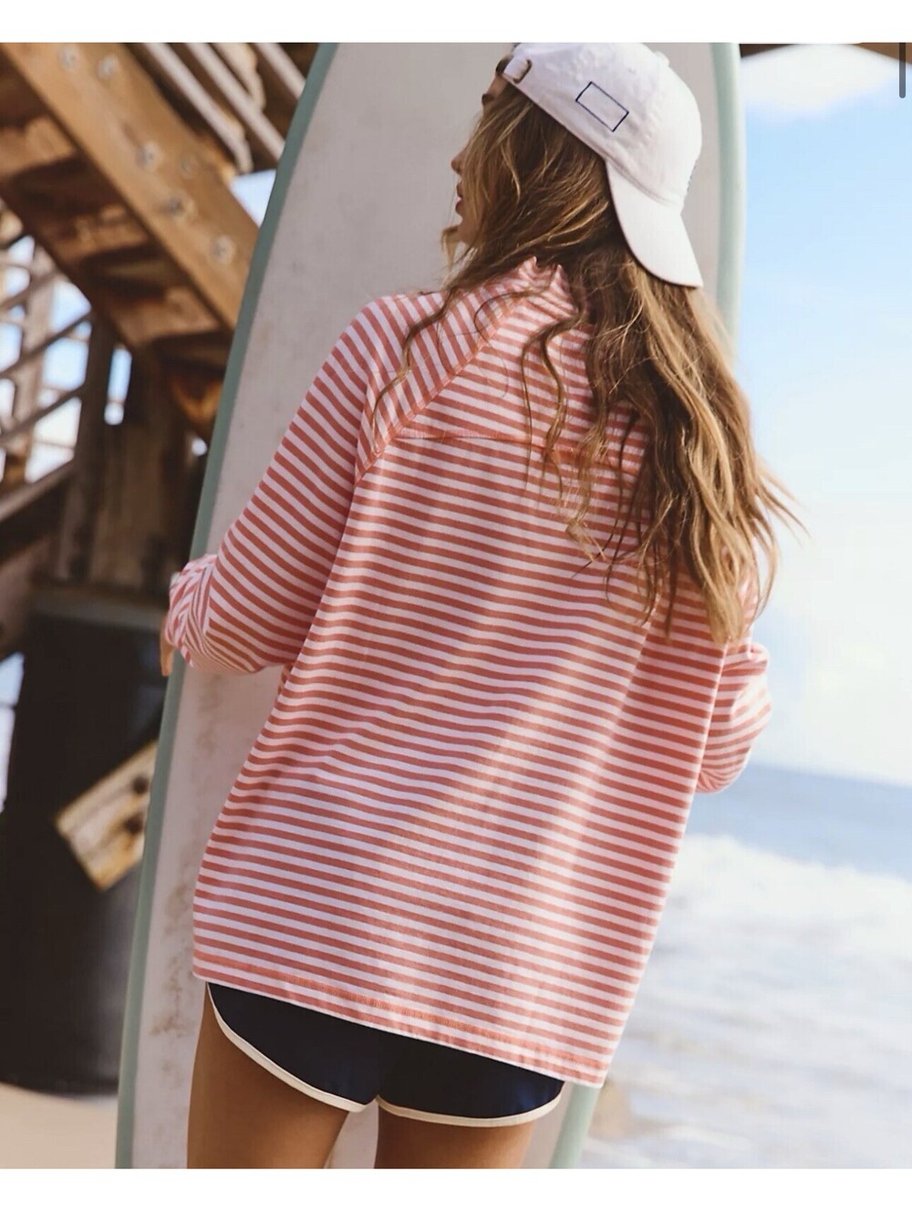NEW! Free People Restoration Yarn Dye Sailor Stripe Coral Top Medium NWT